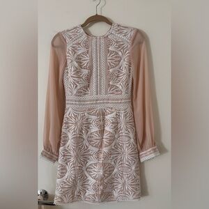 Reiss Aria Blush and White Lace Long-Sleeve Mini Lace Embroidery Dress